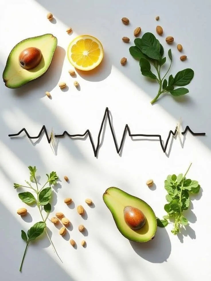 Avocado, agrumi, erbe aromatiche e frutta secca disposti attorno a un tracciato di battito cardiaco
