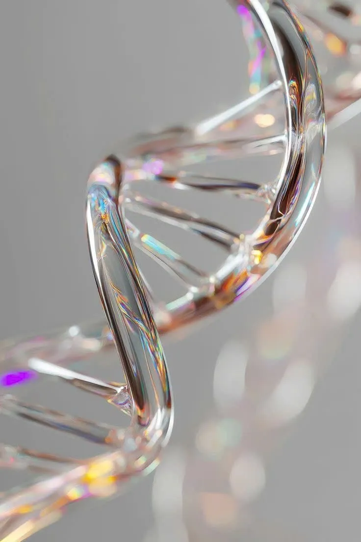Doppia elica di DNA in vetro trasparente, con riflessi iridescenti
