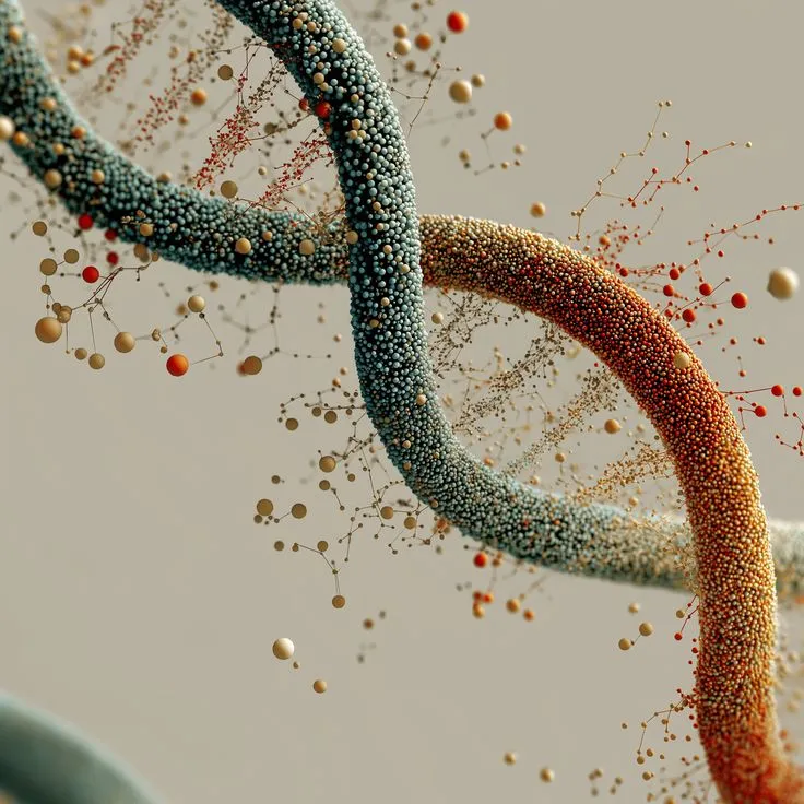 Doppia elica di DNA formata da microsfere azzurre e rosse, con molecole sospese attorno