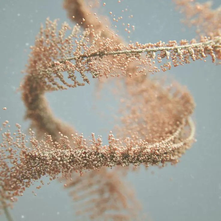 Doppia elica di DNA formata da particelle color sabbia sospese su fondo grigio-azzurro