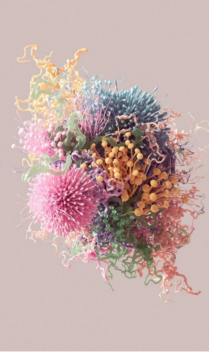 Illustrazione tridimensionale di una colonia di microrganismi dai colori pastello, con filamenti rosa, azzurri e gialli